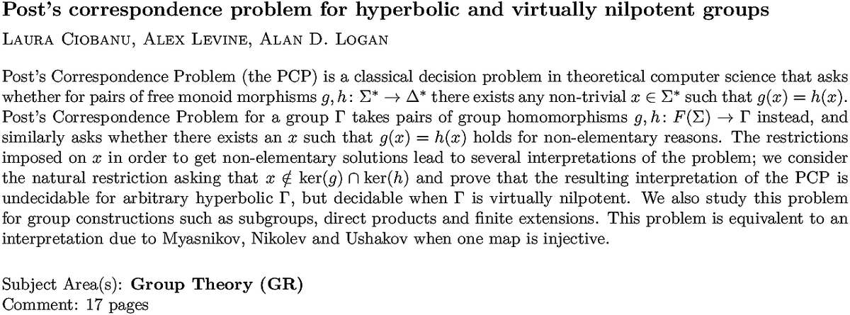 arxiv.org/abs/2211.12158…
L Ciobanu et. al.
Post's correspondence problem for hyperbolic and virtually nilpotent
  groups