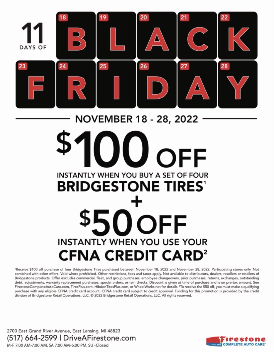 Stop by any Firestone or Tires Plus Nov 18-28 2022 and take advantage of sales!