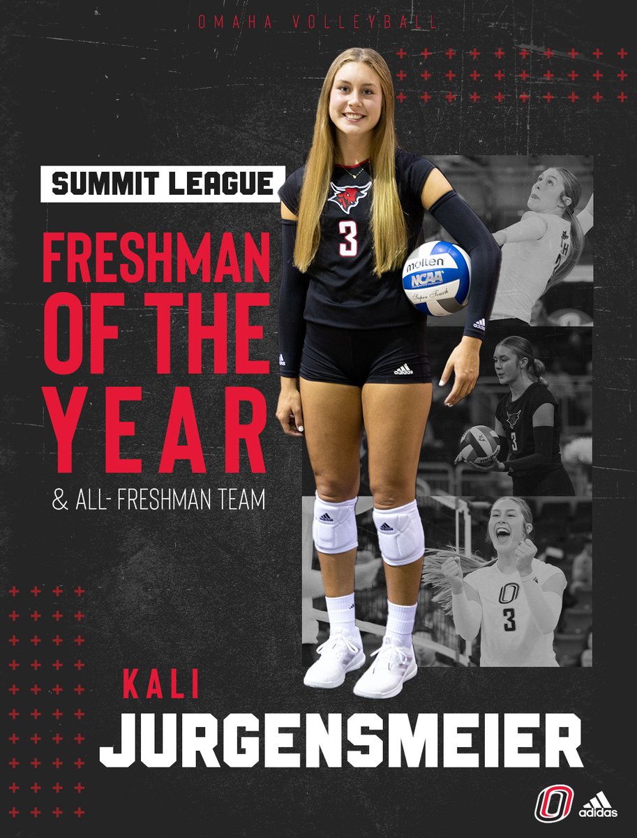OmahaVB's tweet photo. 🏆𝙎𝙐𝙈𝙈𝙄𝙏 𝙇𝙀𝘼𝙂𝙐𝙀 𝙁𝙍𝙀𝙎𝙃𝙈𝘼𝙉 𝙊𝙁 𝙏𝙃𝙀 𝙔𝙀𝘼𝙍🏆 

Kali Jurgensmeier is the 2022 Freshman of the Year after leading all newcomers with 246 kills, a .280 hitting%, and 67 blocks. 

📰 https://t.co/cSrpOIdpIB 
 
#EveryoneForOmaha | #OmahaVB https://t.co/fWKrvtDkZk