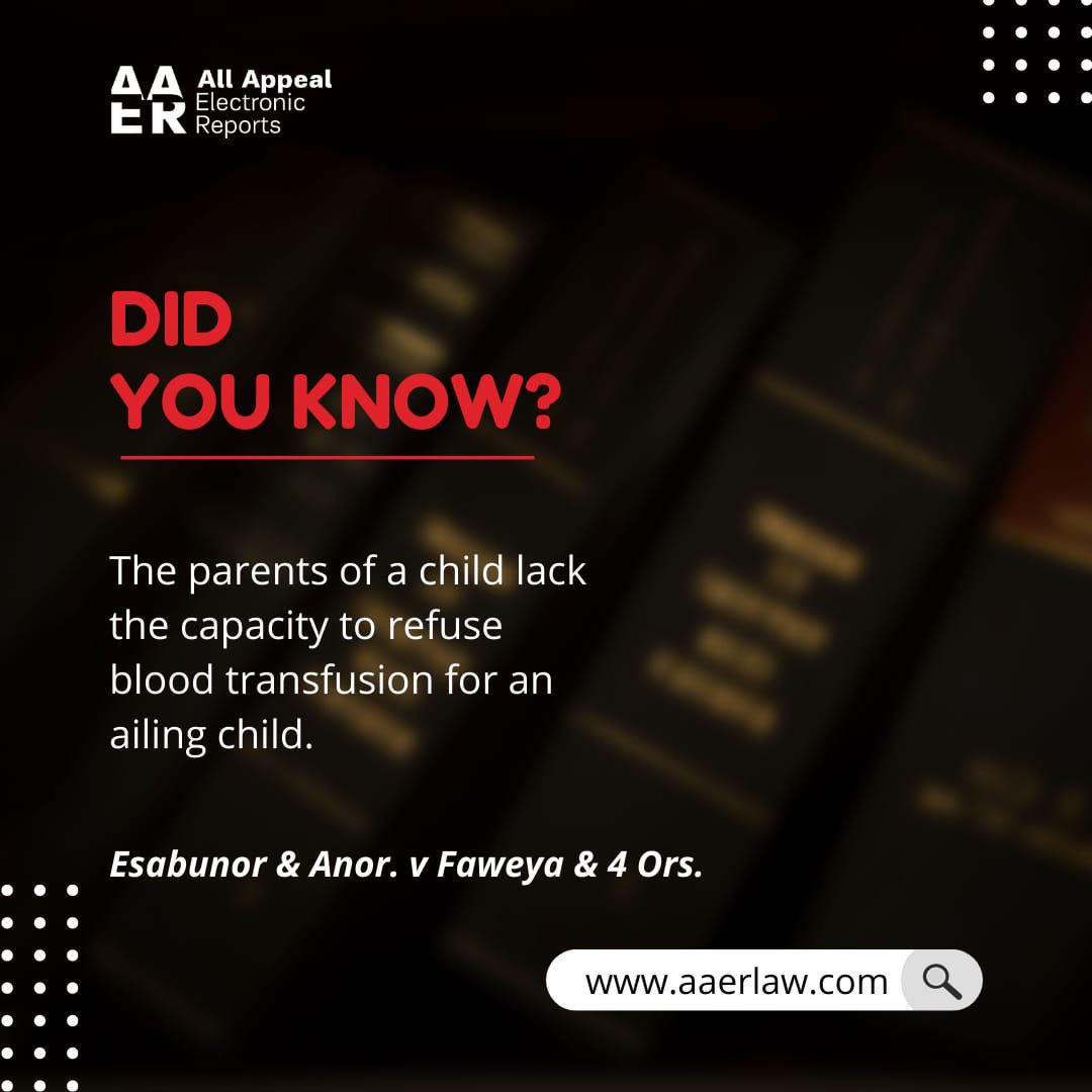 aaerlaw's tweet photo. Tega Esabunor & Anor. v Dr Tunde Faweya & 4 Ors. (2022) AAER - 74 (SC).
Subscribe to https://t.co/1GtsuJNFS3 for your up-to-date court judgements.
Link in bio.
#aaer #lawandtech #legaltech #medicallaw #medicallawyer #medicallawandethics #freedomofchoice #humanrights #prolife https://t.co/q9B2sGIVAv