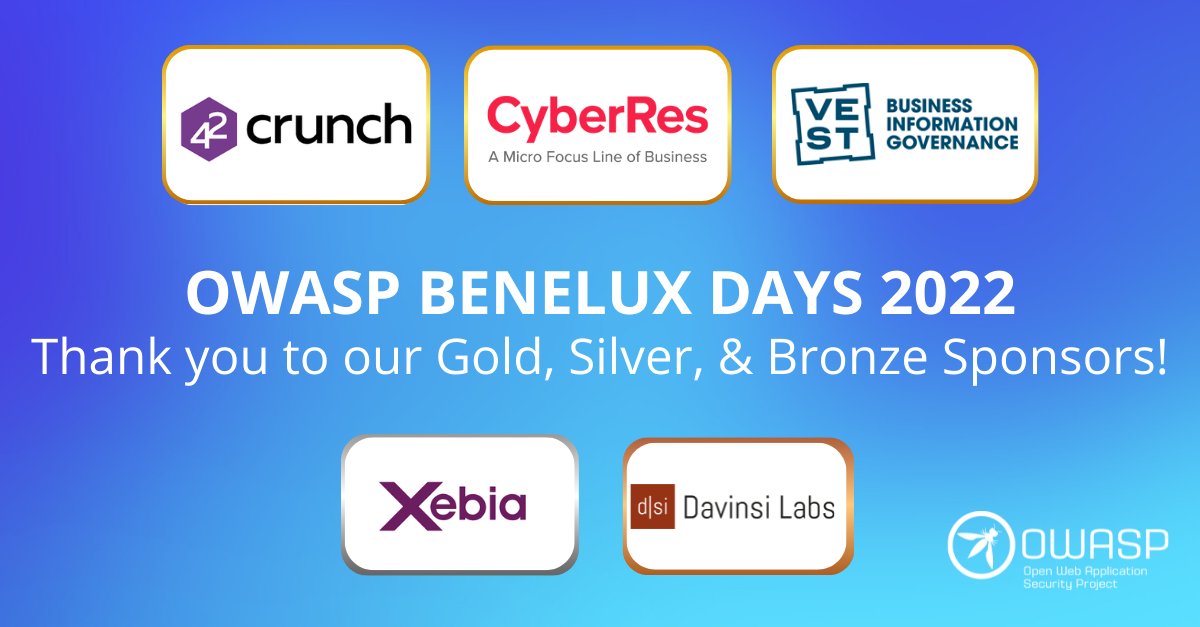 We'll see you tomorrow! We want to take this opportunity to thank our Gold, Silver, and Bronze sponsors for supporting this week's #OWASP BeNeLux Conference. Your support is invaluable! 

@MicroFocusSec <a href="/42crunch/">42Crunch</a> VEST, <a href="/Xebia/">Xebia</a>, and <a href="/DavinsiLabs/">Davinsi Labs</a> 

#cybersecurity #infosec #appsec