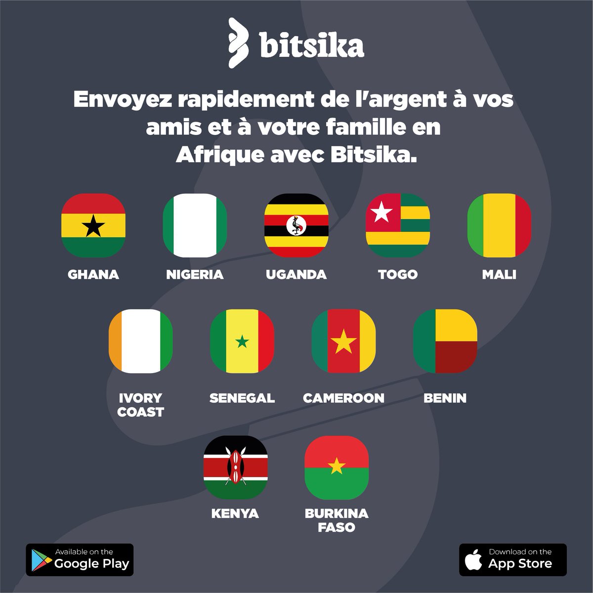 BitsikaAfrica's tweet photo. Téléchargez Bitsika sur Google play store et App store et commencez à envoyer de l'argent en un seul clic. https://t.co/9e6ADnyMeZ