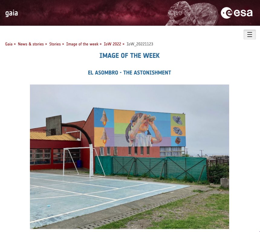 AstroUDP's tweet photo. Nos encanta la imagen destacada de @ESAGaia de la semana 🤩, el maravilloso mural El Asombro del gran @pieromaturana que habita la Escuela #BelloHorizonte en #Lota, gracias a #GenUniversal, proyecto educativo del @NucleoEris 🥰
-> https://t.co/6EO5JIyA4F https://t.co/APJ4M5c9sP