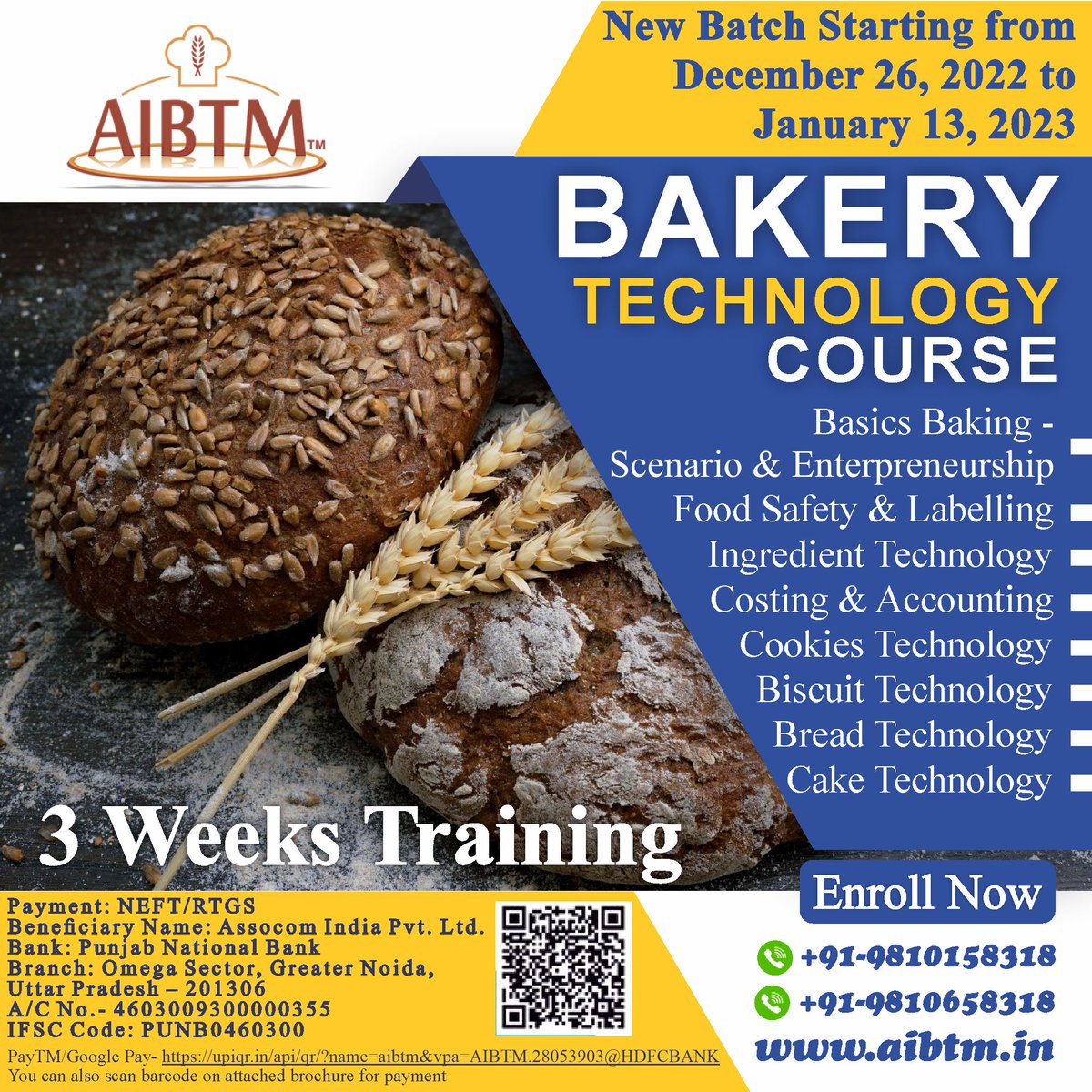 AIBTMINDIA's tweet image. AIBTM Virtual 3 Weeks Bakery Technology Course (BTC)
Register fast at forms.gle/Zm3NV4aZeSZdq3…

#bakertechnology #bakeryscience #BTC #AIBTM #foodtechnology
