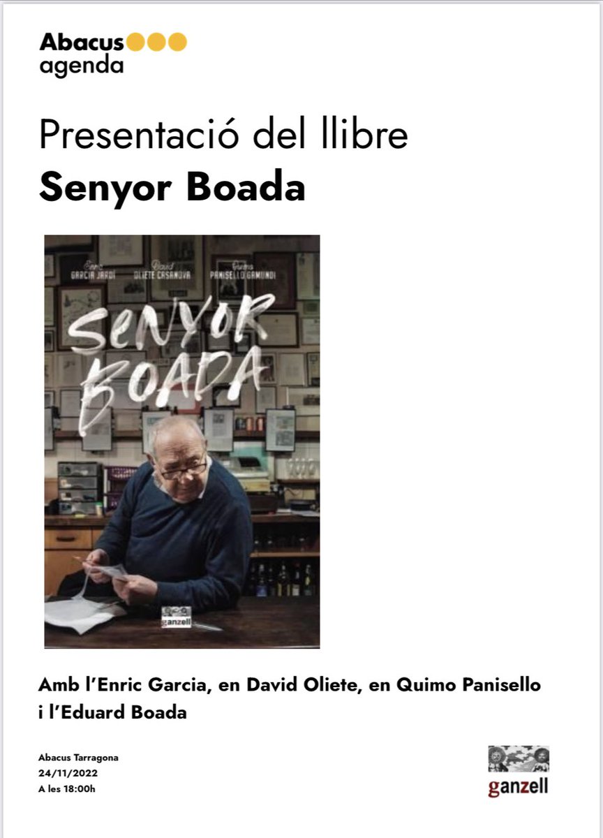 ganzellcat's tweet image. Dijous a l’@AbacusCoop de #Tarragona presentem el llibre #SenyorBoada, amb @enric_gj, @davidoliete, @QuimoPanisello i  #BoadaPregoner. 🌭Ens ajudeu a difondre-ho amb un RT?