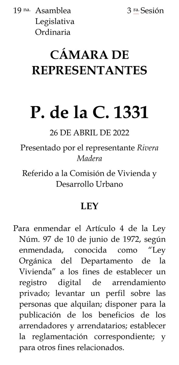 Justo para trabajar con este tema, radiqué el Proyecto de la Cámara 1331 para crear un registro digital de propiedades y perfiles de arrendadores además de ayudas disponibles y otros. El proyecto está en el Senado para su evaluación. elnuevodia.com/negocios/biene…