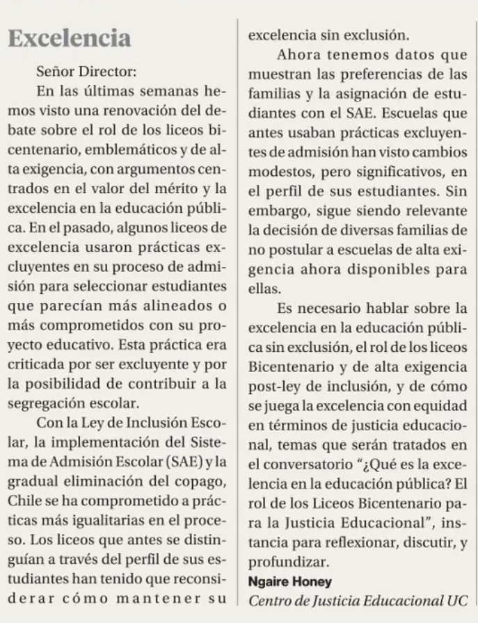 📰 Hoy nuestra investigadora asociada, <a href="/NgaireHoney/">Dr. Ngaire Honey, PhD</a>  se refiere al rol de los #LiceosBicentenario en <a href="/La_Segunda/">laSegunda</a> y nos invita a seguir con la discusión en el diálogo: ¿Qué es la excelencia en la #EducaciónPública?

Sigue la transmisión, desde las 15 hrs 👉🏽bit.ly/3GCpwaA