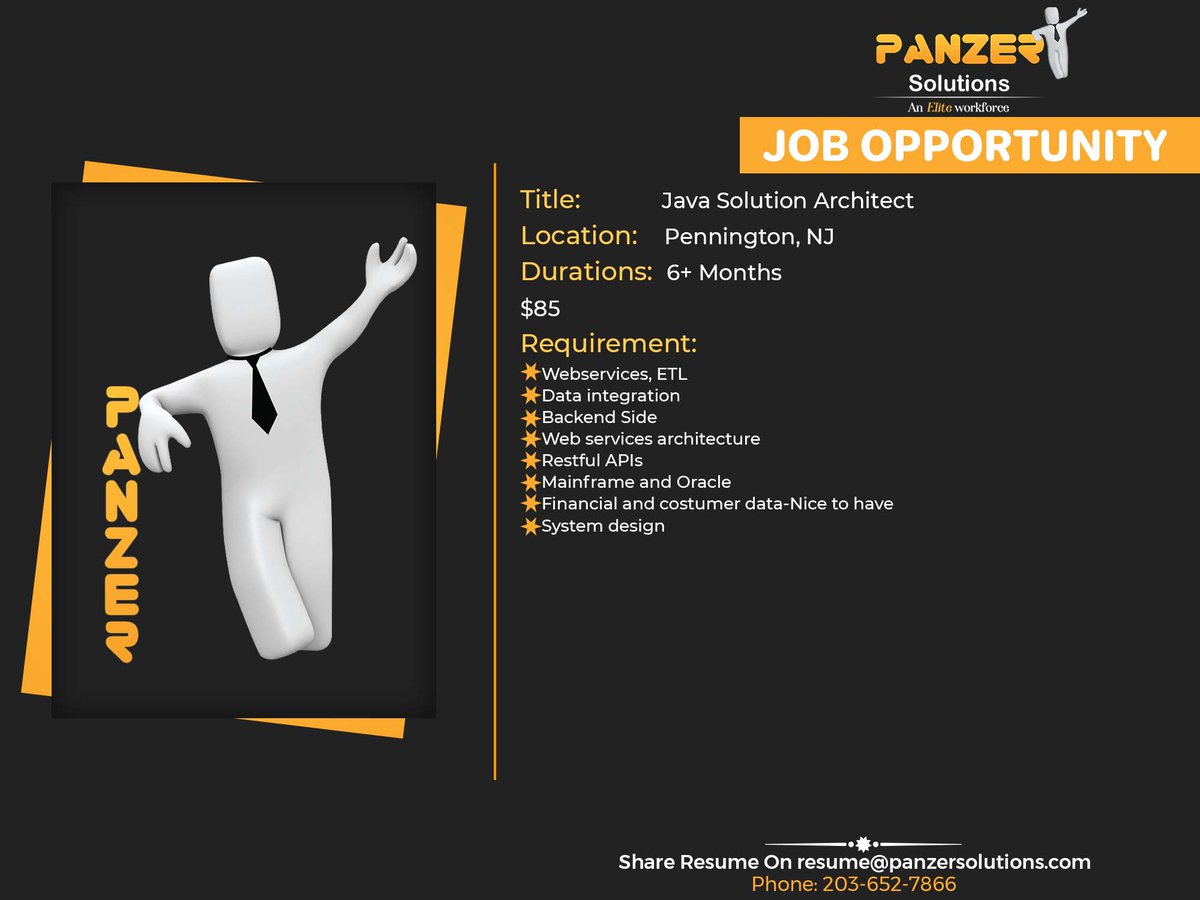 panzersolution's tweet image. Job Title: Java Solution Architect
Location: Pennington, NJ
Duration: 6+ Months
$85
Share resumes at resume@panzersolutions.com
Or for more job requirements click on the below link
Click Here: panzersolutions.com/jobopportunuti…
#PanzerSolutions #javasolutionarchitect #job #jobs #newjersey