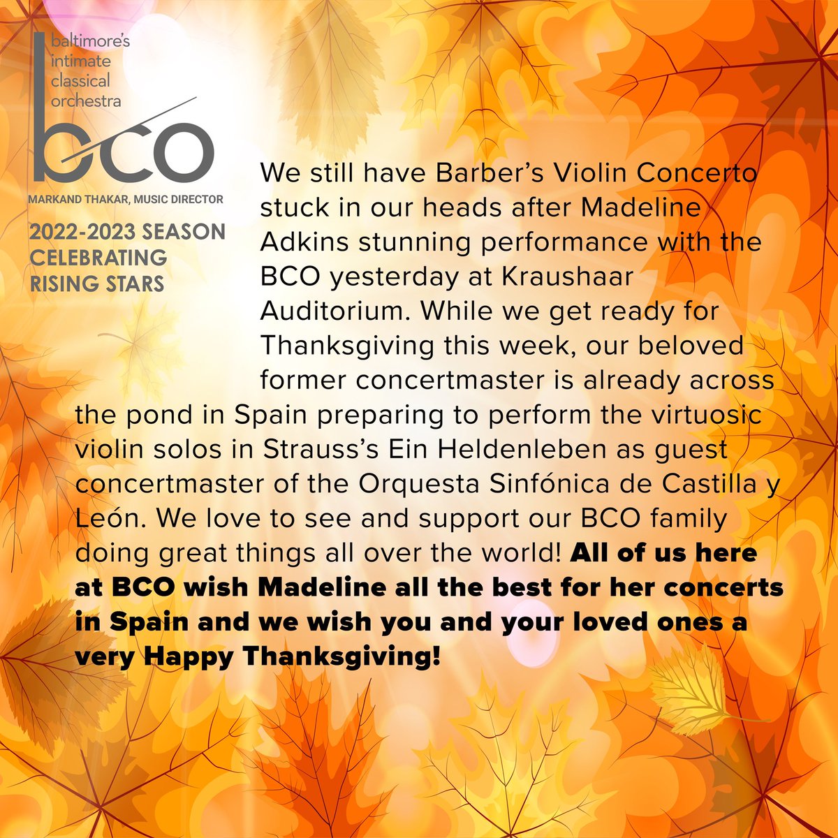 BaltChamOrch's tweet image. #thebco #baltimorechamberorchetra #thankful #MadelineAdkins #orquestasinfonicadecastillayleon #concertmaster #Thanksgiving #spain #concert #virtuosic #violin #donations #straussEinHeldenleben #strauss