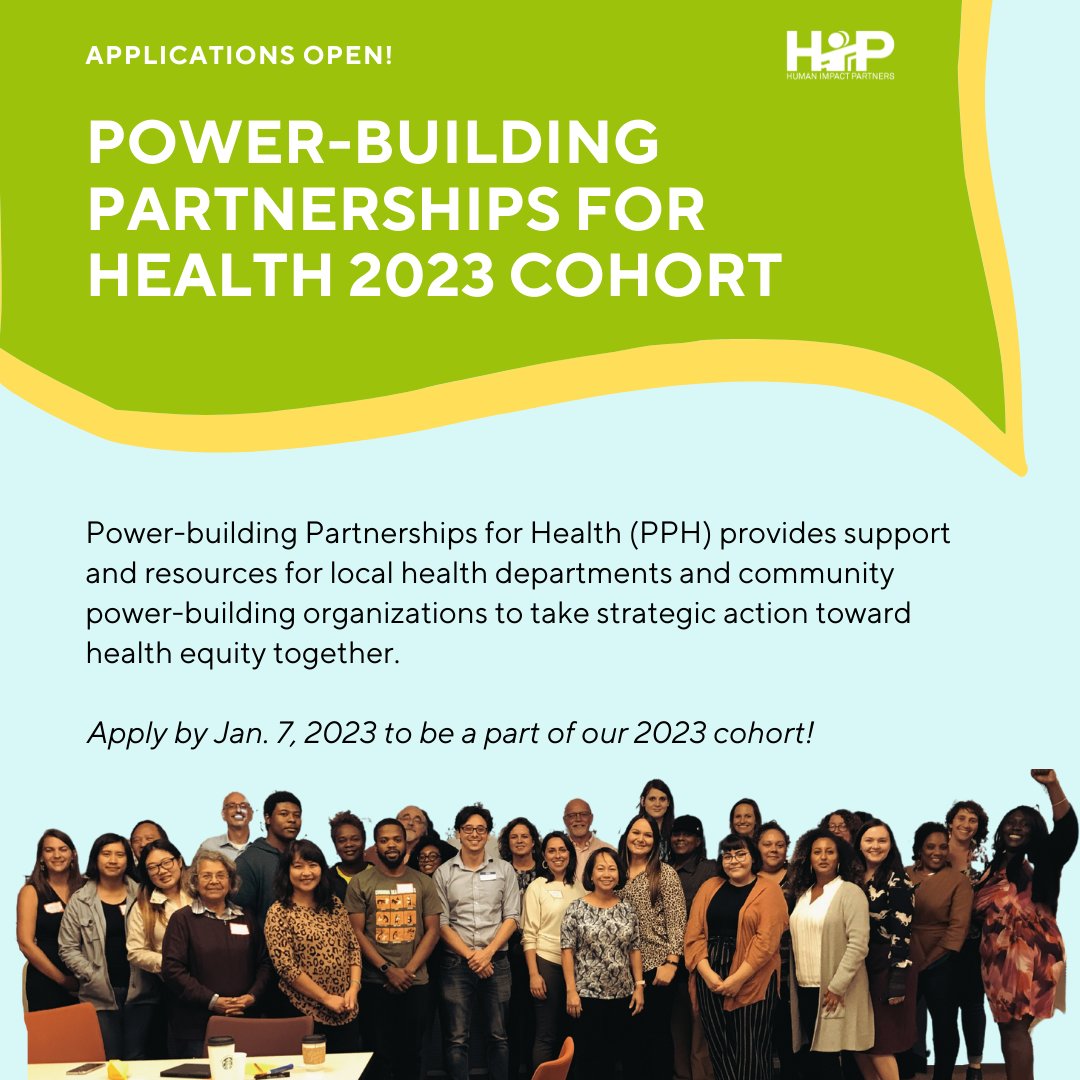 New opportunity! <a href="/HumanImpact_HIP/">Health in Partnership</a> invites partnerships between health departments &amp; community power-building organizations to apply for the 2023 cohort of Power-building Partnerships for Health (PPH) ph.phnci.net/3TVJOyM