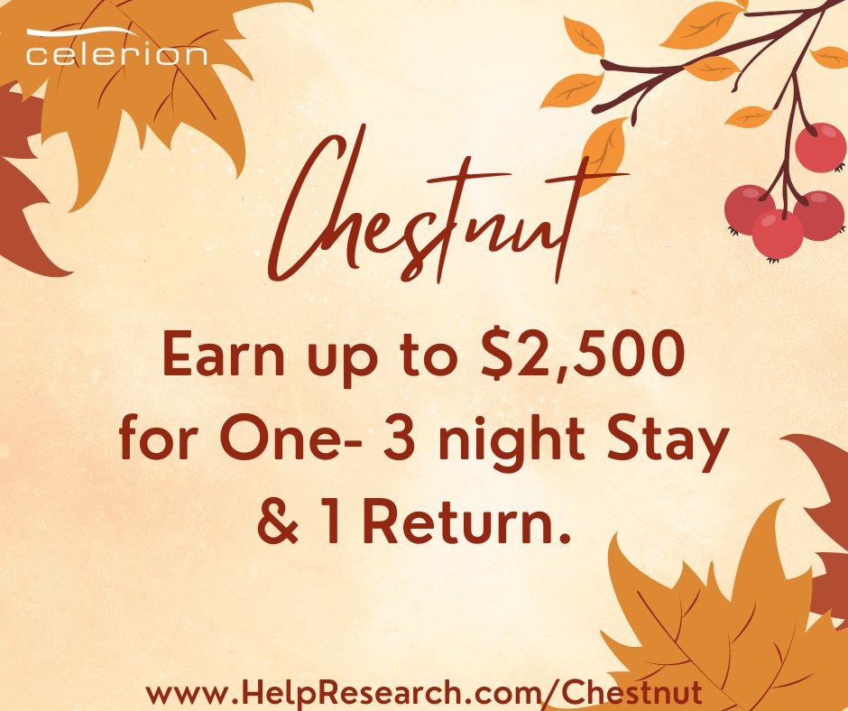 Be Kind With Your Time! Participate in our Chestnut study and earn up to $2,500 for a 3 Night Stay &amp; 1 Return. To see if you qualify visit HelpResearch.com/Chestnut today! 
 #clinicaltrials #clinicalresearch