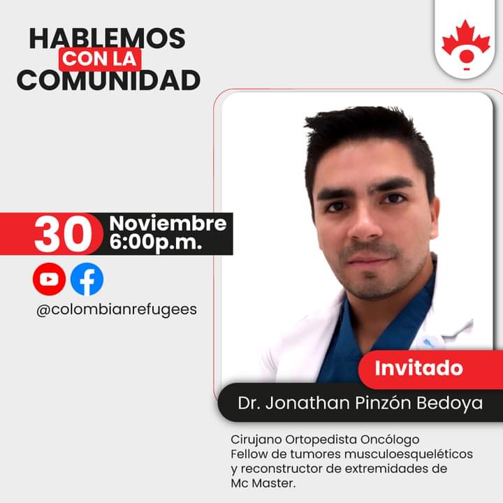Acompáñanos a una entretenida charla con el Dr. Jonathan Pinzón - Ortopedista Oncólogo experto en reconstrucción de extremidades de Mc Master.
La cita es este Miércoles 30 de noviembre 6:00pm por nuestro canal de YouTube #medicina #Oncology #ortopedico #hablemosconlacomunidad