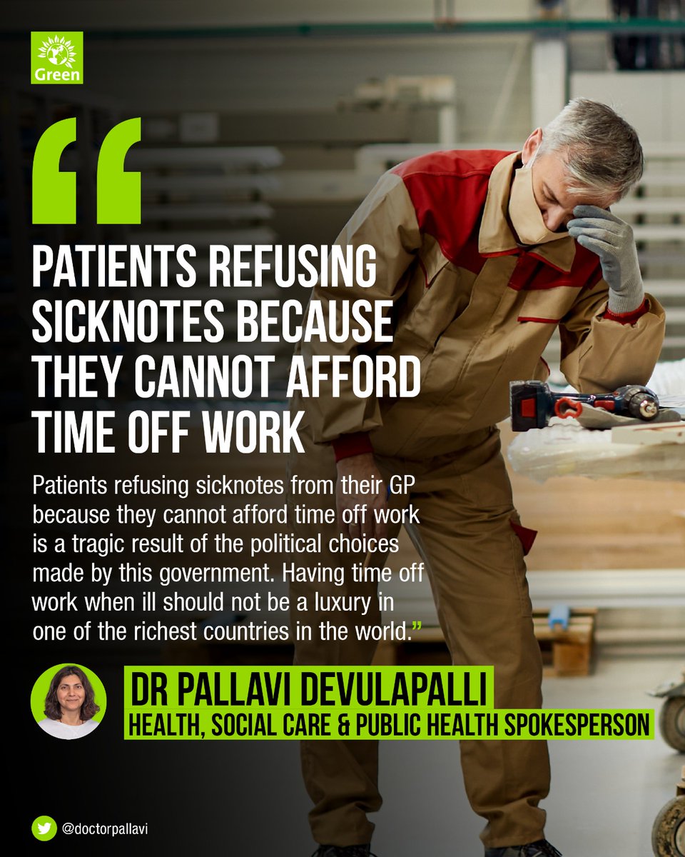 The Green Party (@thegreenparty) on Twitter photo A struggling NHS, increasing foodbank use, insecure jobs, climate chaos.
These are all political choices.
Our Health, Social Care & Public Health Spokesperson <a href="/doctorpallavi/">Pallavi Devulapalli</a> reacts to the shocking stories of people refusing sicknotes because they cannot afford time off work 👇 A struggling NHS, increasing foodbank use, insecure jobs, climate chaos.
These are all political choices.
Our Health, Social Care & Public Health Spokesperson <a href="/doctorpallavi/">Pallavi Devulapalli</a> reacts to the shocking stories of people refusing sicknotes because they cannot afford time off work 👇