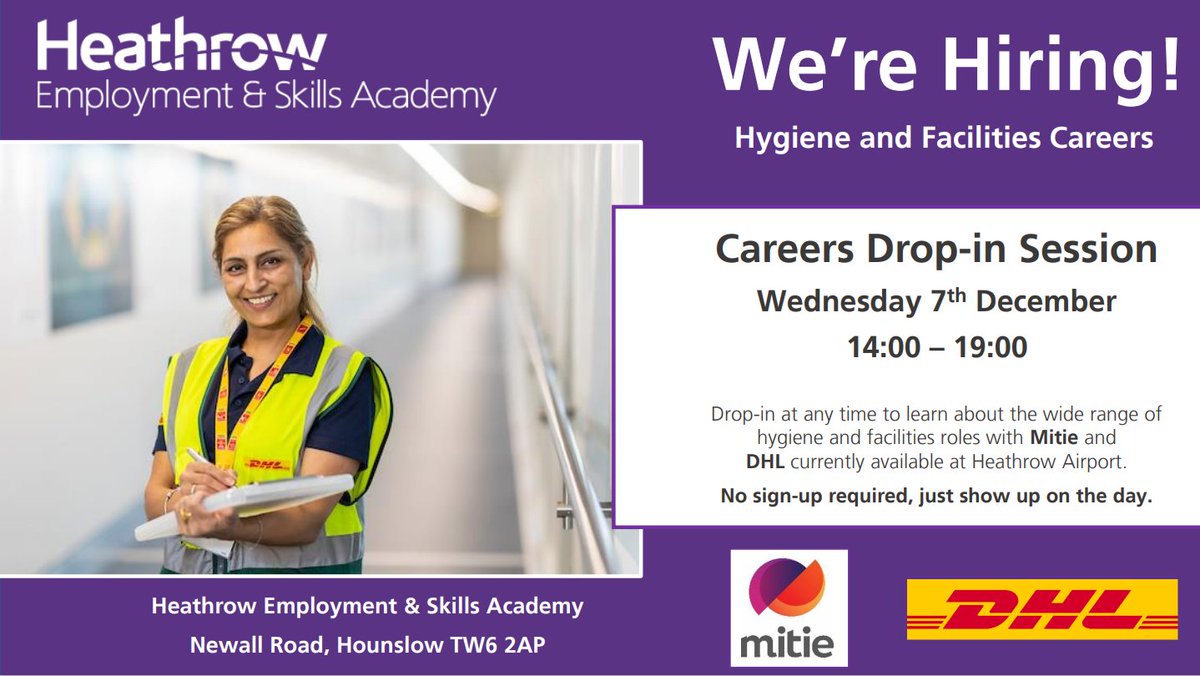 Come and speak to Mitie and DHL at the Heathrow Employment &amp; Skills Academy on Wednesday 7th December to find out more about the exciting hygiene and facilities roles they have available at the airport.
#Careers #Employment
