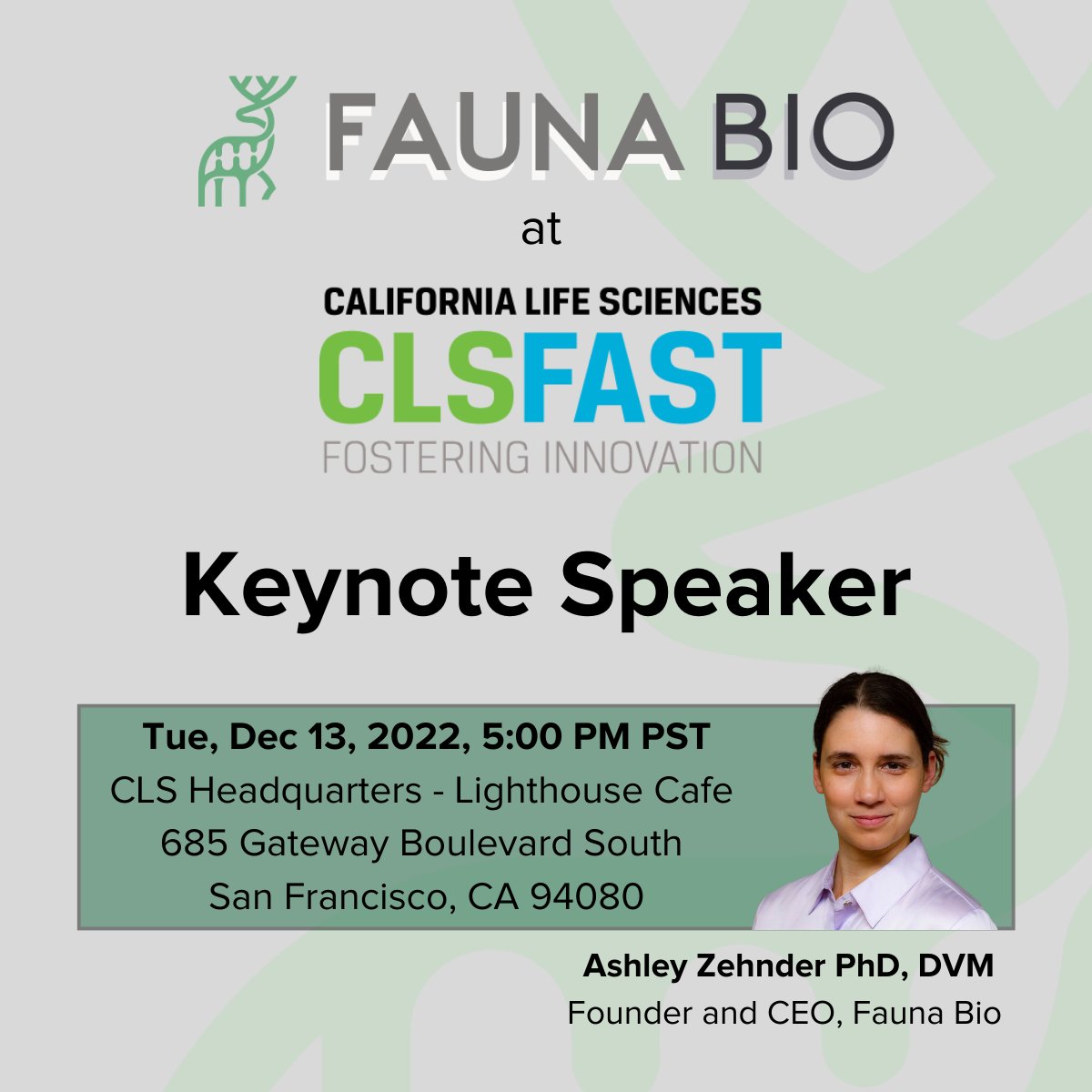 faunabio's tweet photo. Reminder - Fauna Bio’s CEO and Co-Founder, @ashleyz413 will be kicking off this year's @CALifeSciences FAST’s showcase as the keynote speaker and a fellow FAST 2019 ALUM. Register here for the event: https://t.co/zFzt1jAC9j
#FastShowcase #lifescience #venture #keynote https://t.co/a6OID1iSAm