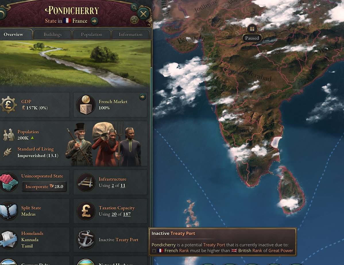 In patch 1.1 for <a href="/PDXVictoria/">Victoria 3</a>, Pondicherry no longer starts the game as a functioning Treaty Port, as Treaty Ports will now only work against markets controlled by a lower-ranked power. If you want a backdoor into the British Market, you'll have to take them down a peg first!