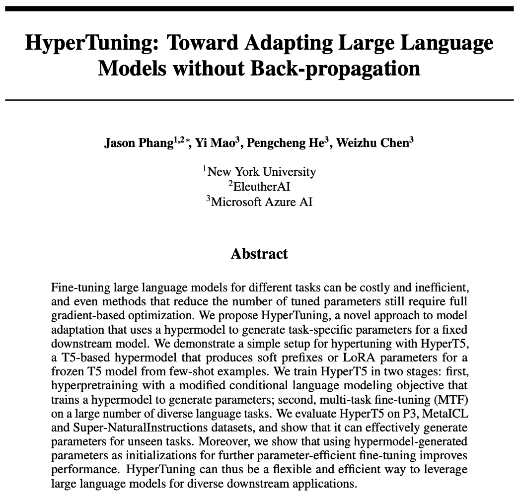 Introducing HyperTuning: Using a hypermodel to generate parameters for frozen downstream models.

This allows us to adapt models to new tasks *without* back-prop!

Paper: arxiv.org/abs/2211.12485
1/10