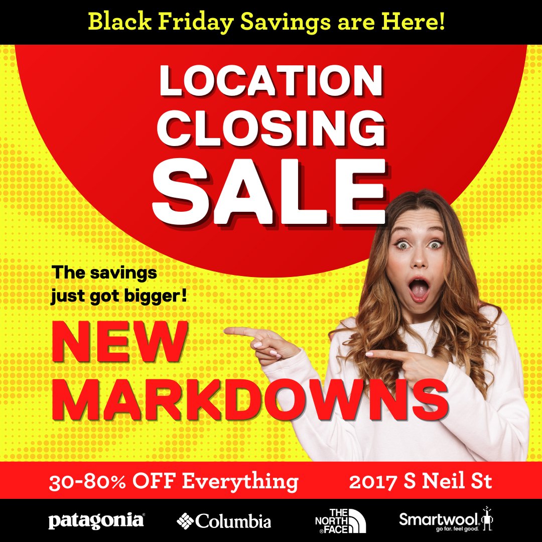 RuggedChampaign's tweet photo. Black Friday savings are here and we've done NEW MARKDOWNS at the Location Closing Sale! Save 30-80% STOREWIDE on all your winter gear and holiday gift shopping!

Please note, our stores will be CLOSED Thanksgiving Day. We will resume normal hours 10am-6pm Black Friday. https://t.co/JPNYgFl9BJ