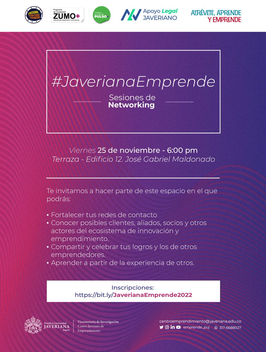 Emprendedores, estudiantes, profesores y egresados de los programas de emprendimiento de la #Javeriana, los invitamos a un nuevo espacio de networking en el que podrán fortalecer sus redes de contacto.

🎟️Cupos limitados. 
✍️Inscripciones:
bit.ly/JaverianaEmpre…
