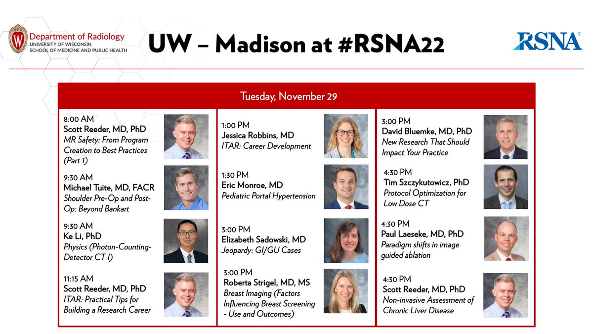 It's going to be a busy Day 3 at #RSNA22! Presentations from @sreeder001, @JRobbinsMD, @MichaelTuite2, @Prof_TimStick, @RadiologyEditor, @LizSadowski, @Eric_Monroe_MD, @plaeseke, and more! @RSNA