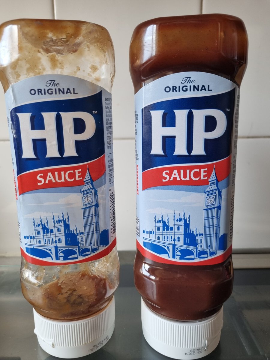 kaz1505's tweet photo. @officialhpsauce as you can see we love HP, and I've just had the end of a bottle on one piece of French toast/eggy bread-whole new debate there lol:

&amp;

 1) the new sauce is much lighter.

 2) the new bottle doesn't taste the same or as nice as the original recipe? 

😭😭😭😭 https://t.co/0IszH2inFc