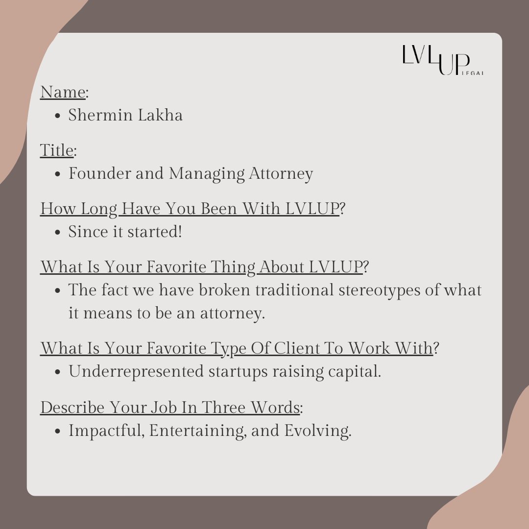 Welcome to LVLUP Legal's Meet The Team Series!

Swipe to learn more about our founder!

<a href="/Shermin_LVLUP/">Shermin Lakha</a> 
.
.
.
#lvluplegal #meettheteam #team #legalteam #womeninlaw #legal #law #lawyer #attorney #womenfounder #lawfirm #teamlove #womenowned #womenownedbusiness #clients