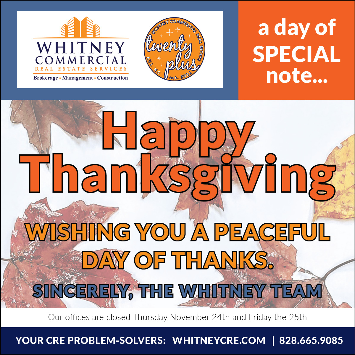 WhitneyCRE's tweet photo. We wish everyone a Happy Thanksgiving. Your Whitney Team

#thanksgiving #asheville #wcre https://t.co/FORRXms9g6