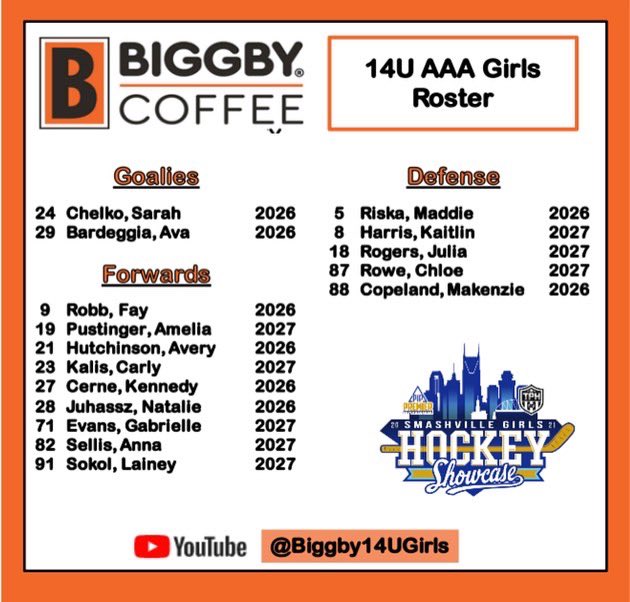 Excited for a great Thanksgiving with Hockey Family in Nashville. Biggby 14U will be at the Premier Ice Prospects in the Smashville Showcase. Girls will play at the Ford Ice Center.