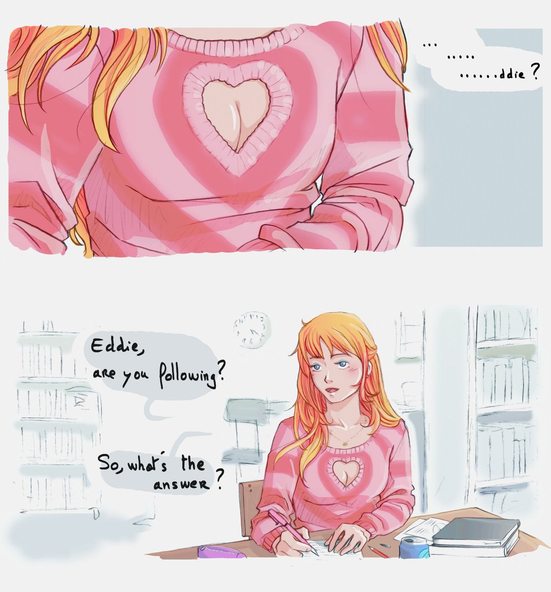 NamiYouffie's tweet photo. she wants to help him to improve his grades, but he has some trouble focusing... #hellcheer #eddissy 🧡 https://t.co/TlH45X8KM0