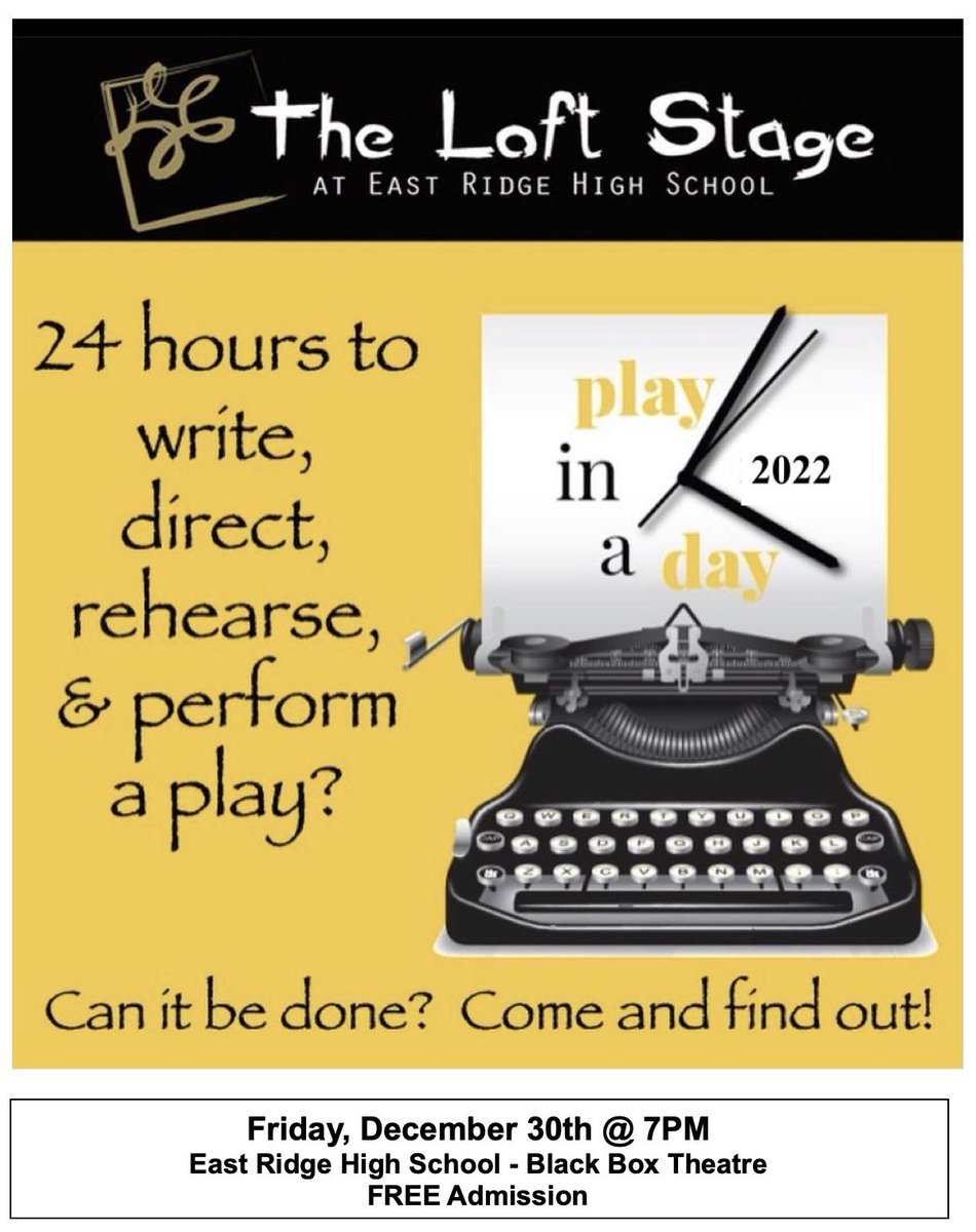 Play-in-a-Day 2022
Save the date! 🎭

Alumni: reach out to Carlson if you’re interested in playwrighting. 

Lofties: More info and details will be shared at the December LoftPAC meeting.