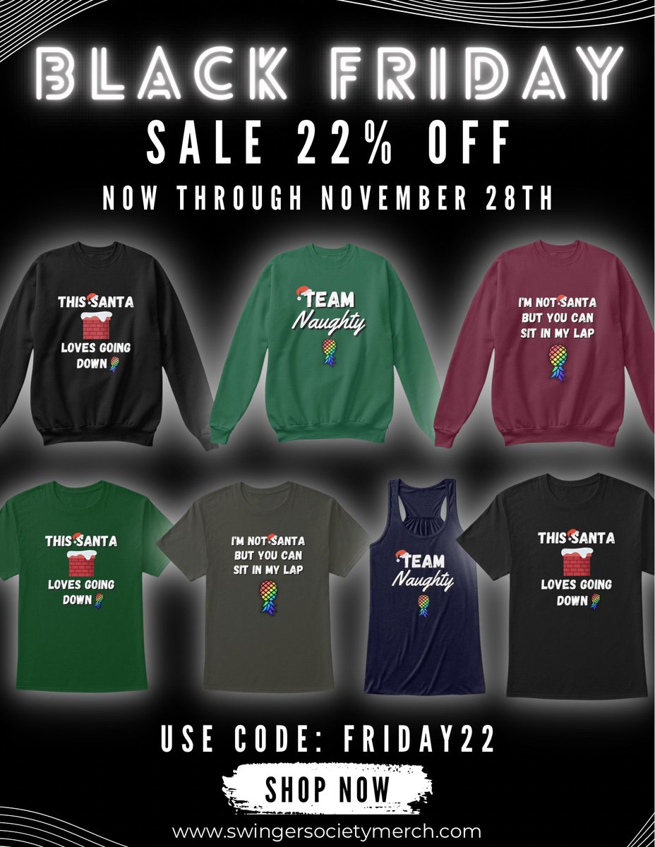 NorthMnSouthF's tweet photo. Black Friday sale! Get your Swinger Society gear right here; use code FRIDAY22 for 22% off!

Be sure to check out the new holiday gear we've added! Show your naughty side this holiday season!

https://t.co/2SmbypEIsL
#theswingnation #swingersociety #blackfriday #naughty #merch https://t.co/U3UI77xyfO