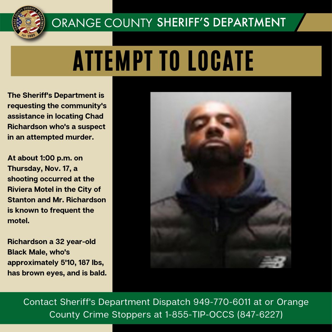 OC Sheriff is seeking the public's help in locating a person of interest in an attempted murder that took place in Stanton on Thursday, Nov. 17th.