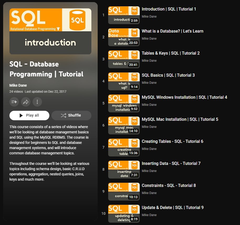 SQL Tutorial - Full Database Course in 4 Hours

This course consists of a series of videos where you will be looking at database management basics and SQL using the MySQL RDBMS.

🔗 youtube.com/playlist?list=…