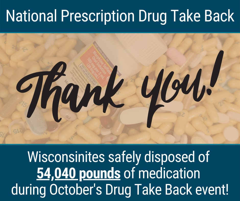 ecalliance's tweet photo. 🎉 On October 29th, Wisconsinites led the nation in safely disposed of 54,040 POUNDS of medicine! 🎉
Eau Claire County contributed 660 lbs through the Take Back Day and the permanent medication drop-off locations available.
#TakeBackWI #SafeDisposal #PreventionIsKey https://t.co/Icvk7l4UD3