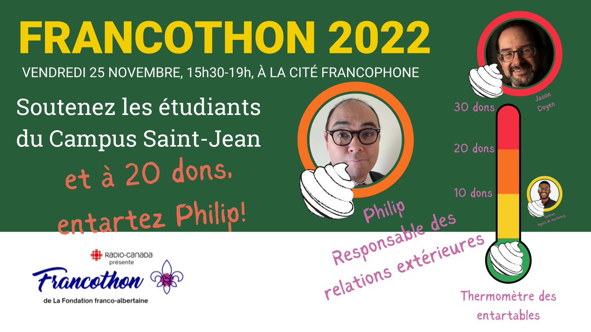 UAlbertaCSJ's tweet photo. #Francothon de la @FrabFondation: Nous sommes sur la bonne voie!
Contribuez au rehaussement de la qualité des conditions d’étude et de vie de nos étudiants, et permettez-nous d'entarter notre Responsable des Comms, Philip! Faites vos dons au lien suivant: https://t.co/Ibko17uFBq https://t.co/HjFH9Qu9ph