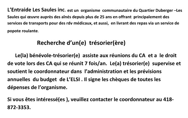 Aimeriez-vous contribuer à l'autonomie des aîné.e.s? Nous vous attendons pour le poste de trésorière / trésorier