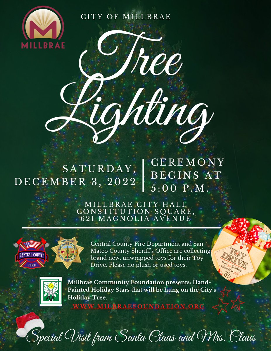 CityofMillbrae's tweet photo. Join us Saturday, December 3rd, at 5:00 P.M. at City Hall Constitution Square for this year's 2022 Holiday Tree Lighting.
#millbraeca #treelighting #millbraeholidays https://t.co/fti2jpmOx0