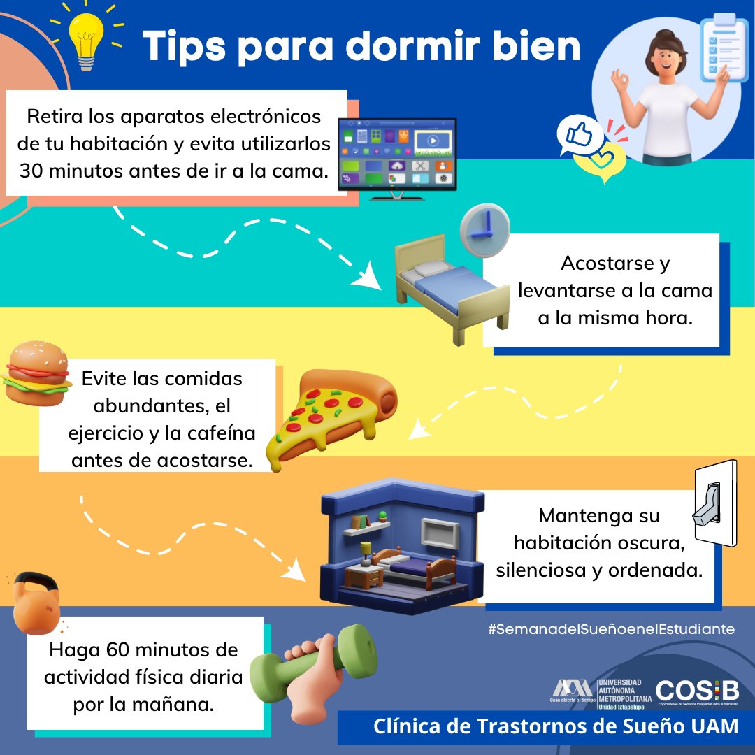 COSIB_UAMI's tweet photo. Estas recomendaciones que te brindamos se enfocan en modificar tantos aspectos de nuestro estilo de vida, por lo que poco a poco podemos ir creando buenos hábitos en nuestra rutina de sueño.
#clínicadesueñouam #UAMI #cosib #DormirBien https://t.co/IRCJrJWTnc