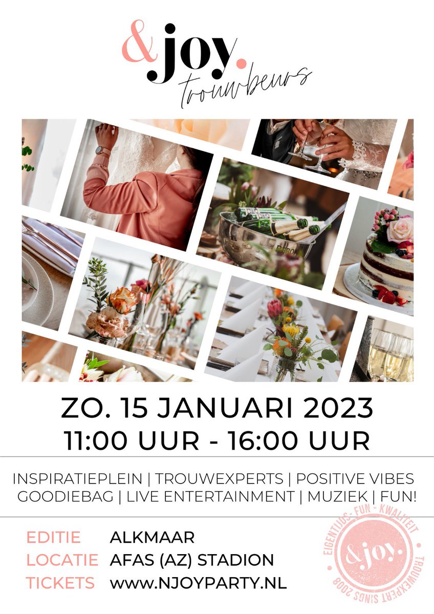 Na een 🥰 prachtig trouwseizoen en een inspirerende rondreis in 🌴Bali zijn we weer back in business. Momenteel is Team &amp;JOY.  
bezig met de organisatie van de 9e editie van Trouwbeurs Alkmaar in het AFAS(AZ)Stadion. Zien we jullie 15 januari op het inspiratieplein? 
💖&amp;JOY.