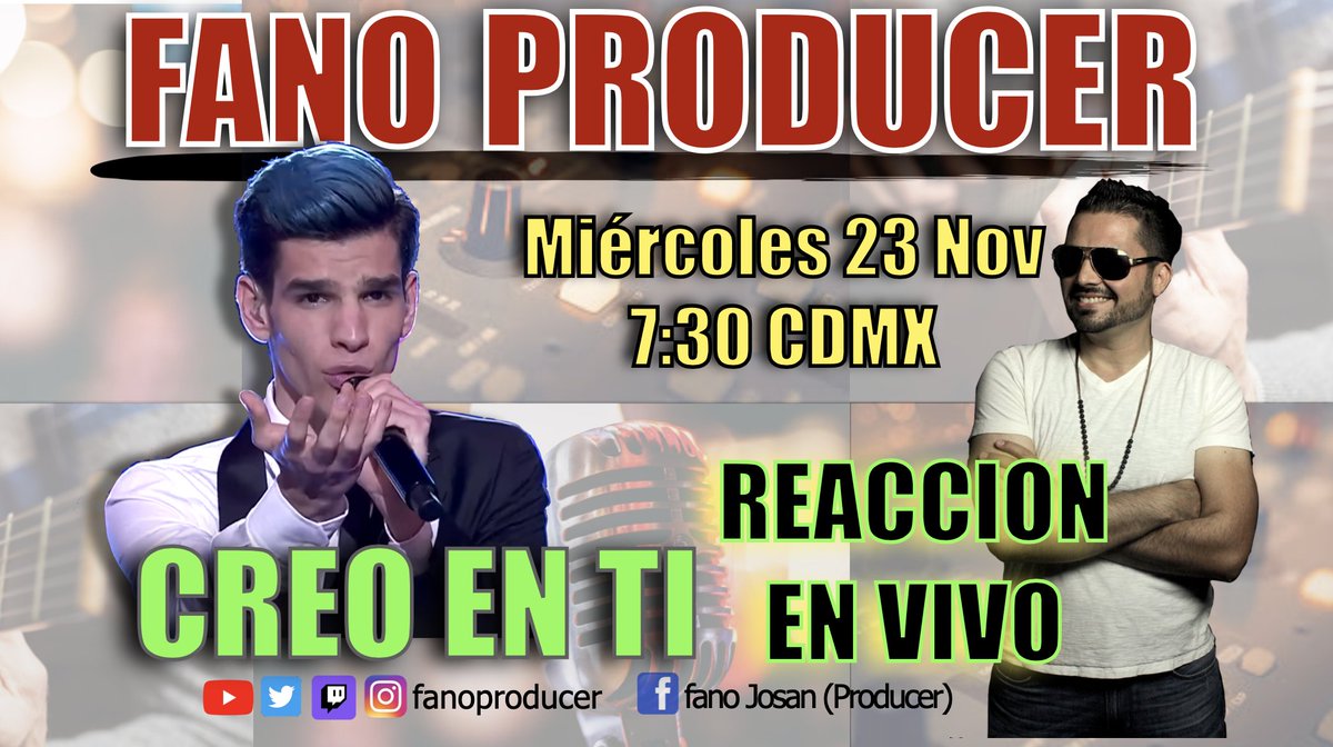 RT! Haz Ruido!!!
#EnVivo RANITAS Y DEMAS FANDOMS HOY 7:30PM horario de CDMX
Gracias a sus votos, Fano Producer reacciona al gran tema CREO EN TI interpretado por <a href="/SoyNelsonC/">Nelson Carreras Oficial</a> 
Links👇👇👇
YT youtu.be/WeKseG062WA
FB fb.me/e/3SX8RkSlQ
Twitch twitch.tv/FanoProducer