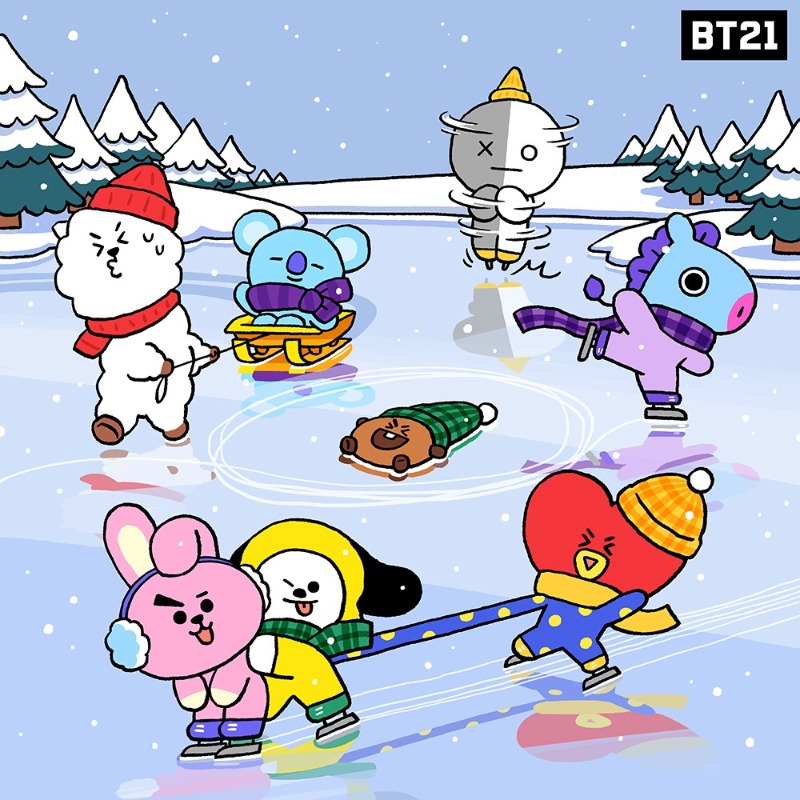 BT21_'s tweet photo. Bring your winter gear out! 
A sled, skates, or just a pair of sneakers is fine. 
You've got your friends, BT21 squad with you, and that's all you need to have fun!
