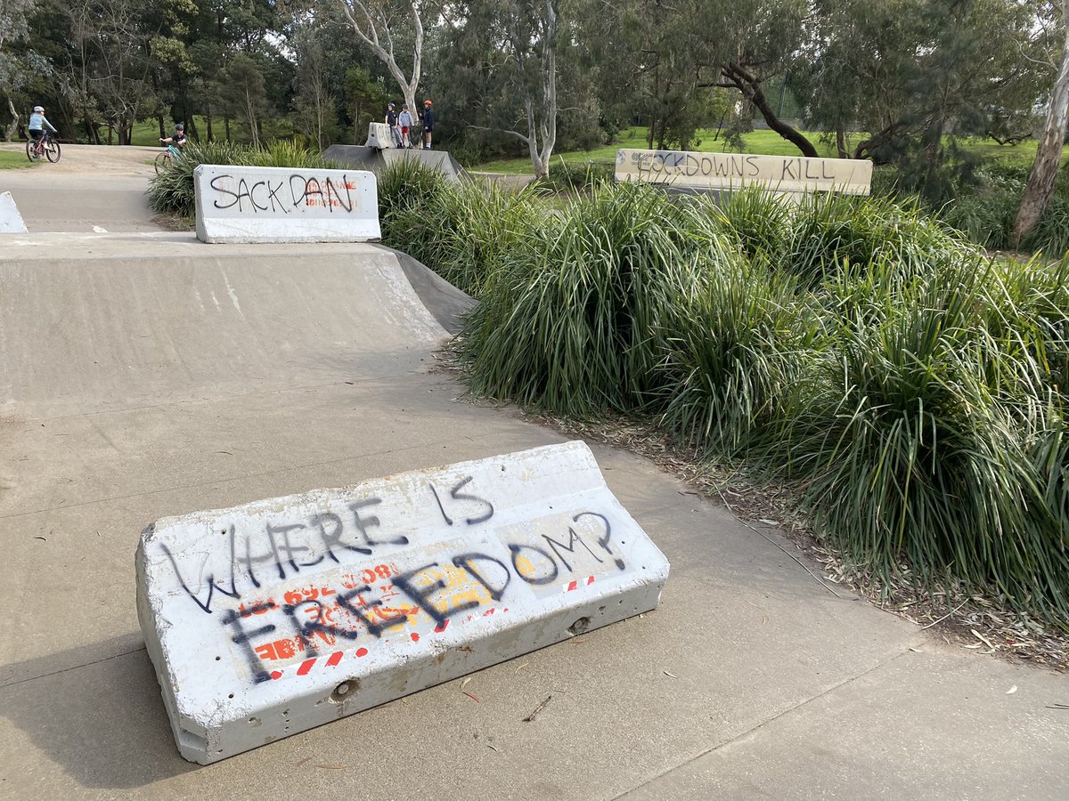 Culbert_Report's tweet photo. Often go past this skate park when walking the woofa. And did this morning once again which reminded me of this pic. 

‘Science’ said it wasn’t safe so concrete bollards stopped local kids getting exercise. 

Still staggers me that playgrounds were closed as Victoria chased 🍩. https://t.co/ketacUdCXJ