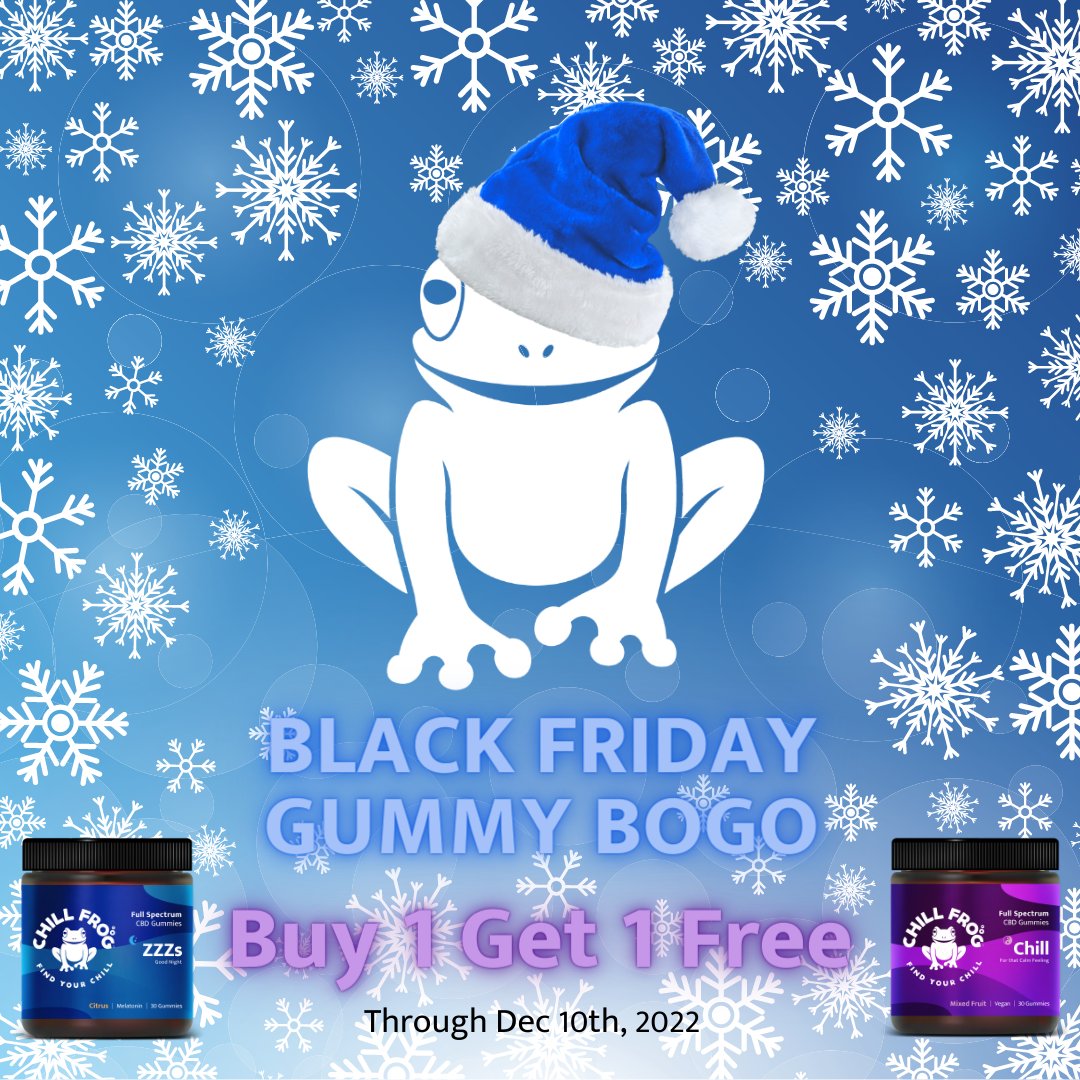 FrogCbd's tweet photo. Holiday Chill for Black Friday. Use code FROGOBOGO &amp; Buy 1 Get 1 FREE on Gummies thru 12/10/22
🧊🐸🎁

#cbdbenefits #cbddeals #cbdsleep #cbdchill #relax #sleepaid #fullspectrumcbd #cbdgummies #stressed #cbd #Anxiety #Calm #Balance #Natural #Organic #cantsleep #blackfridaycbd https://t.co/O298K0Nw4i