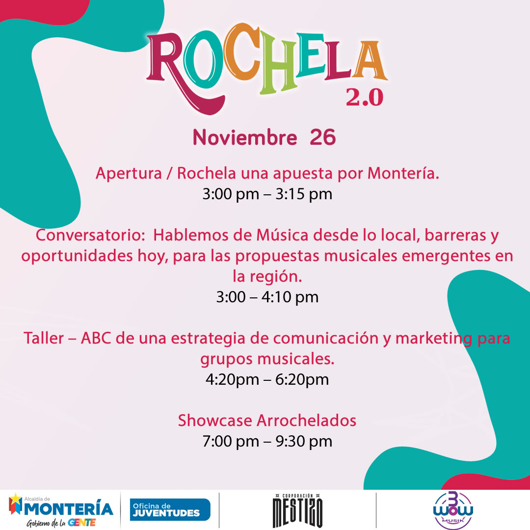 Rochela2022's tweet photo. ¡Hey! esta es la programación para la versión de ROCHELA 2.0, tenemos conservatorio, taller y presentaciones en vivo
Apoya: 
@monterialcaldia @3WOWMusiK https://t.co/NF52Ttnxn2
