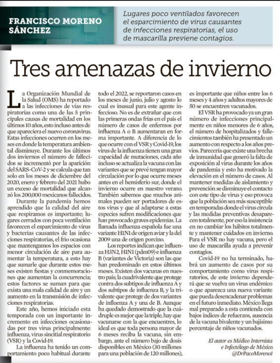 DrPacoMoreno1's tweet photo. Tanto virus sincitial respiratorio (VRS), como influenza y #COVID19 han y seguirán aumentado en la temprada invernal. 
Cuidémonos y cuidemos a los que nos rodean
Mi opinión en @Reforma https://t.co/jv4d37q8Le