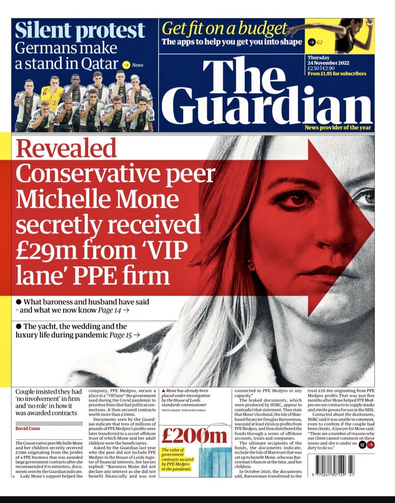 Tomorrow's @guardian 
@MichelleMone did blatantly lied about her involvement in the VIP Covid Lane and having received any funds. Should this end in full repayment of tax payers money and a jail sentence?
#PPE #ToryCriminalsUnfitToGovern #ToryCriminals