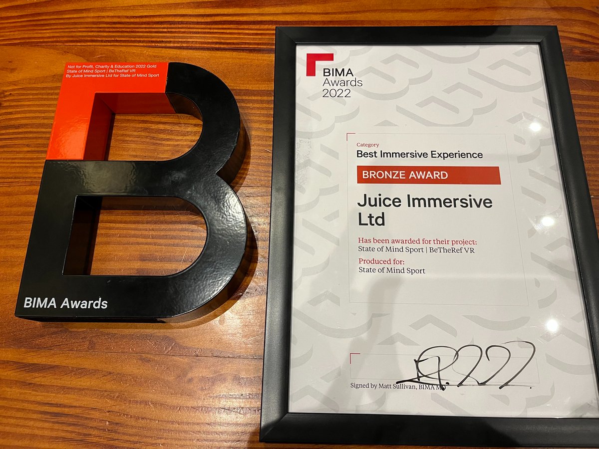 juiceimmersive (@juiceimmersive) on Twitter photo We couldn't be more proud to pick up two awards for our #BeTheRef VR project with <a href="/stateofmindsprt/">State of Mind</a> at last night's #BIMAAwards. Absolutely made up to collect GOLD in the Charity category and Bronze in Best Immersive Experience. <a href="/BIMA/">BIMA (British Interactive Media Association)</a> <a href="/TheRFL/">Rugby Football League</a> We couldn't be more proud to pick up two awards for our #BeTheRef VR project with <a href="/stateofmindsprt/">State of Mind</a> at last night's #BIMAAwards. Absolutely made up to collect GOLD in the Charity category and Bronze in Best Immersive Experience. <a href="/BIMA/">BIMA (British Interactive Media Association)</a> <a href="/TheRFL/">Rugby Football League</a>