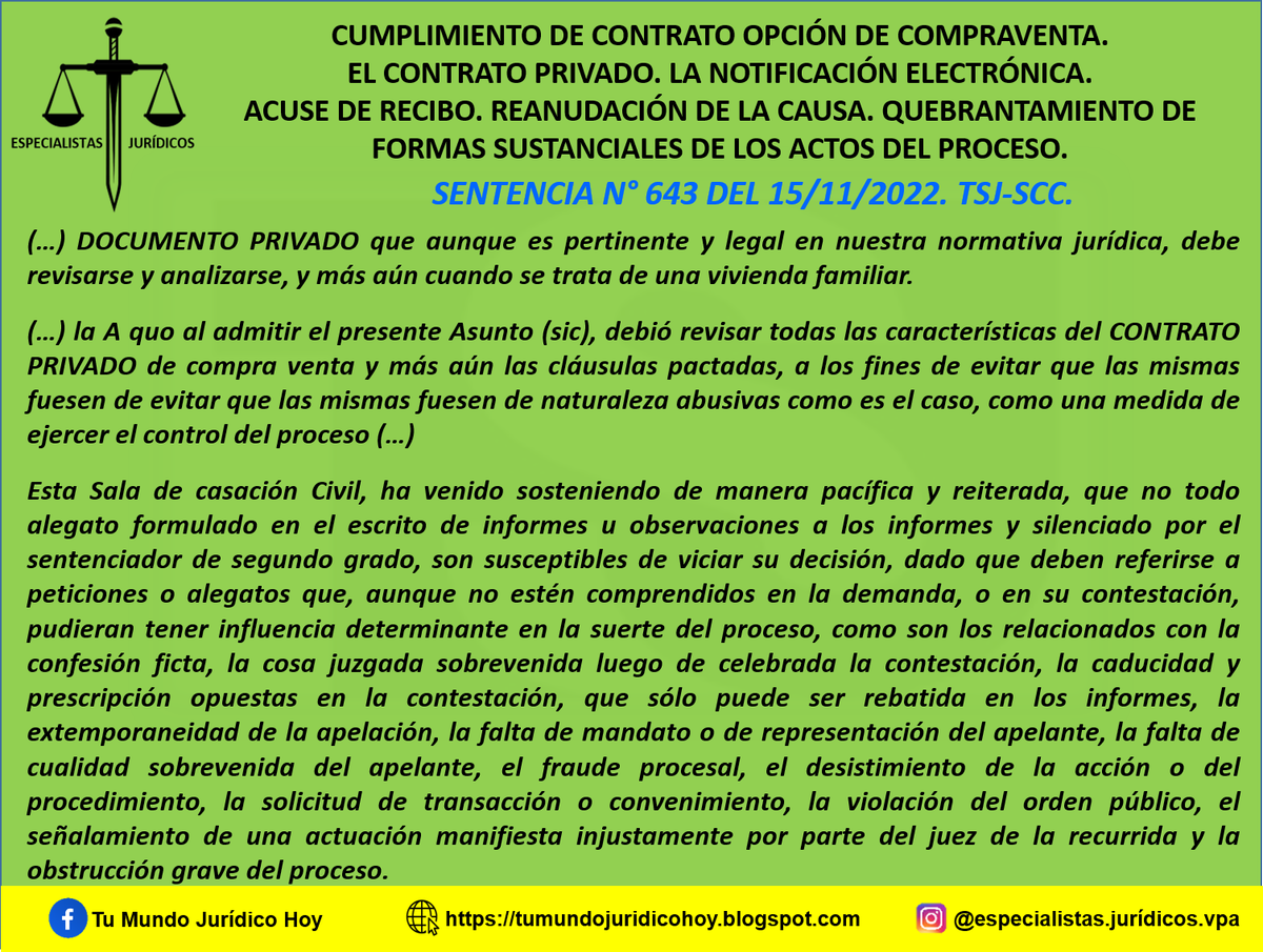 Furiamax's tweet photo. Sentencia N° 643 del 15/11/2022. TSJ-SCC.  Cumplimiento de Contrato Opción de Compraventa. El Contrato Privado. La Notificación Electrónica. Acuse de Recibo. Reanudación de La Causa. Quebrantamiento de Formas Sustanciales de Los Actos del Proceso. 
https://t.co/AsSqfzk9tV https://t.co/DTGgXASpW2