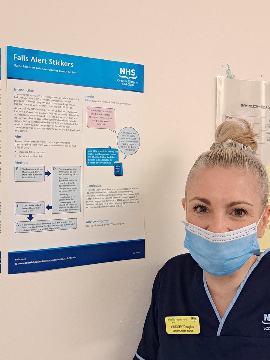 ElMcl14's tweet photo. Great to see my poster up in ARU4 who were key  to carrying  out this QI work. Thanks to  all the staff for their input.Which is now being rolled out across all the ARU'S @lins2104 @ShonaNYB @laura_dyane @AlisonP007 @LindseyPinzhall @NHSGGC #falls https://t.co/9abxwT5fcM