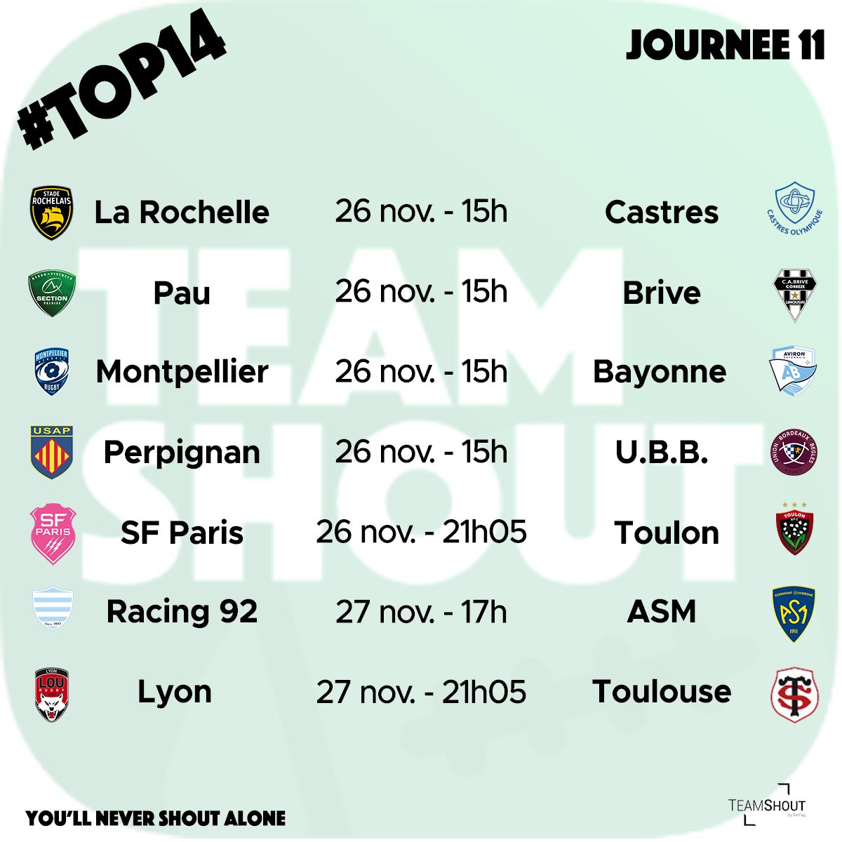 TeamShout__FR's tweet photo. Le #Top14 reprend enfin ses droits !

Vous avez téléchargé #TeamShout pour donner de la voix pour votre équipe favorite ?

Retrouvez TeamShout gratuitement sur #iPhone et #Androïd : https://t.co/uc6CrXHrGj

#AppMobile #MobileApp #Rugby Made in #Auvergne https://t.co/0vavYyxk06